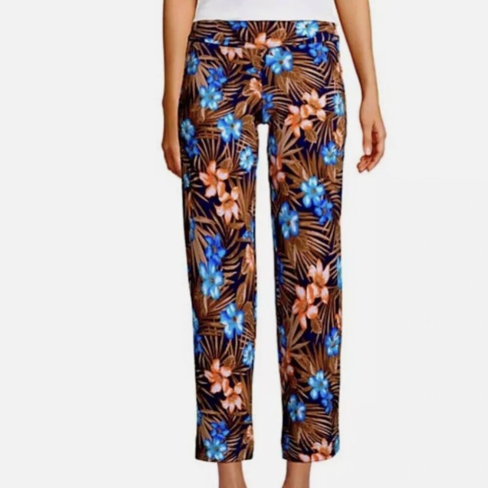 NWT Lands End Crop Pull On Pants Tropical Palm MultiColor W35xL23 Sz Large 14-16